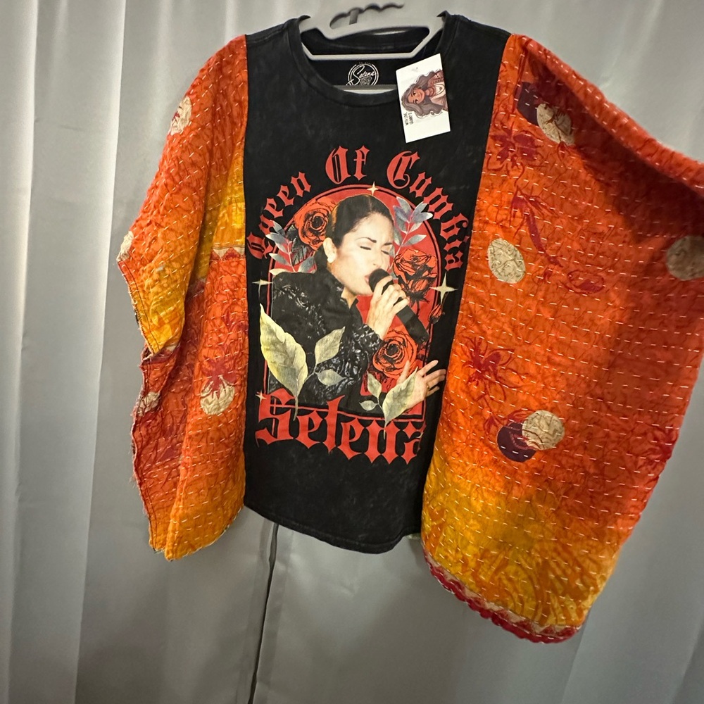 Queen of Cumbia Selena Graphic Tee with Orange and Red Kimono sleeves